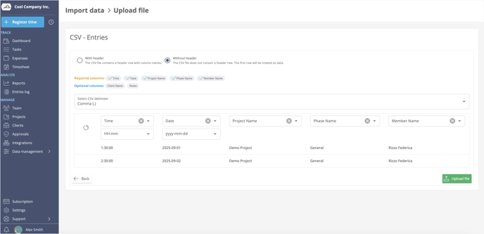 Import data column