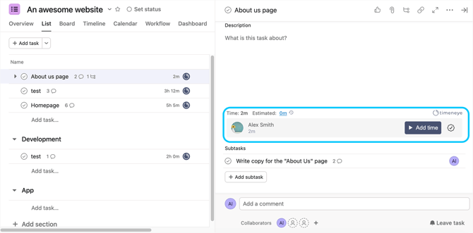 Timeneye widget in asana