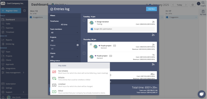 billable entries filters