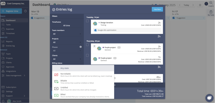 billable entries filters