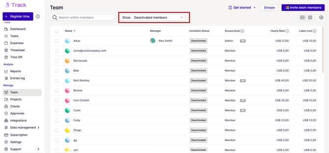 deativated users filter