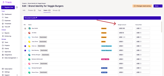 edit budget in projects