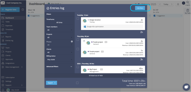 entries log filters