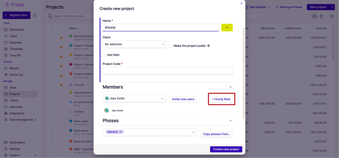 hourly rates in project dialog