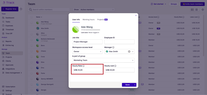 hourly rates in users