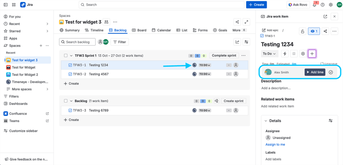 jira timeneye widget in backlog