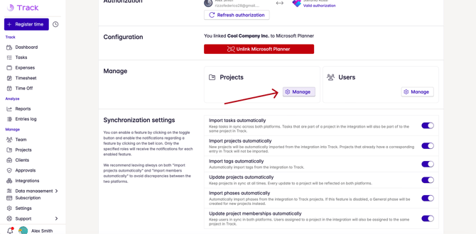 manage project in planner section