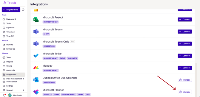 microsoft planner in integrations section
