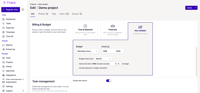 non billable project edit