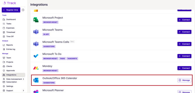 outlook calendar in integration section