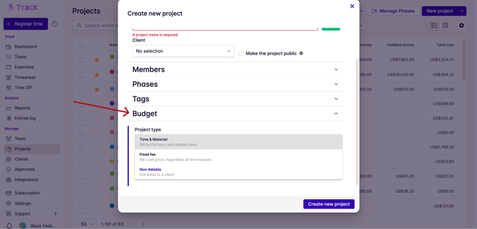 project budget in new project dialog
