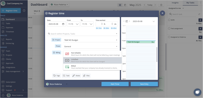 register time billable
