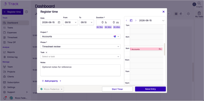 register time dialog