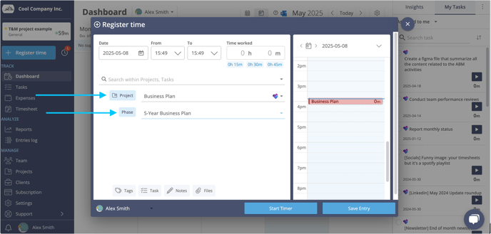 register time select project and phase