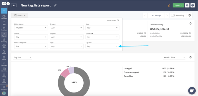 tag list reports filters
