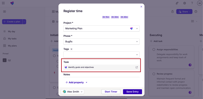 task in widget modal
