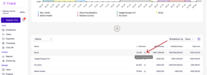 time entries in client report