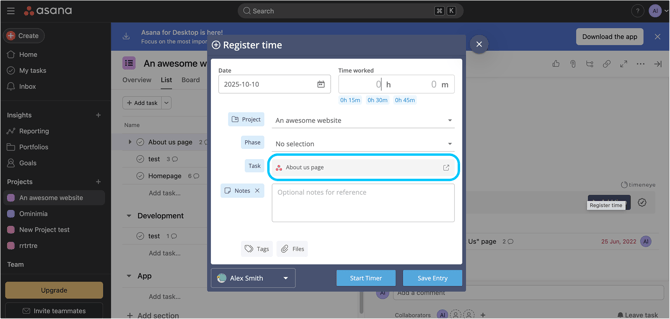 timeneye widget in asana task