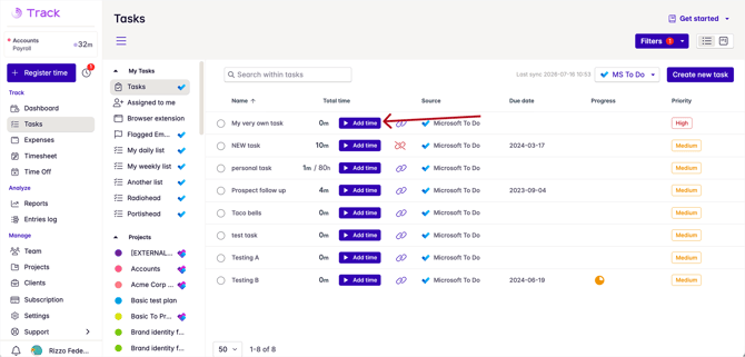track time in tasks section