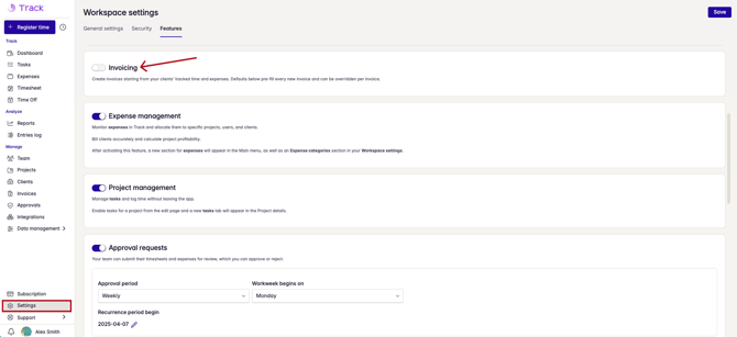 turn invoicing on